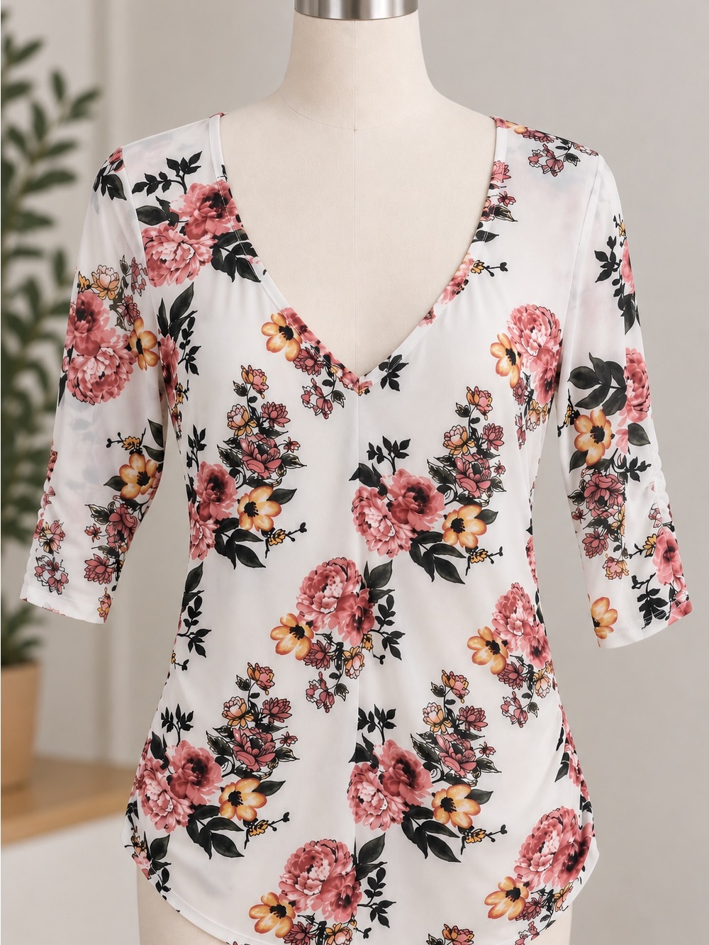No Boundaries White V-Neck Floral Top with Pink and Yellow Blooms